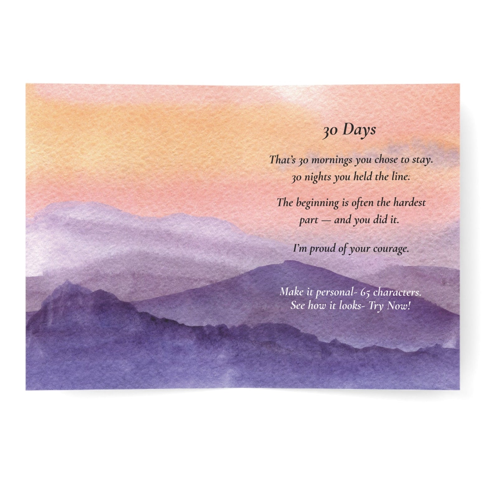 30 days sober milestone greeting card with Artistic depiction of mountains with a motivational quote on a watercolor background