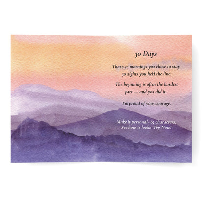 30 days sober milestone greeting card with Artistic depiction of mountains with a motivational quote on a watercolor background