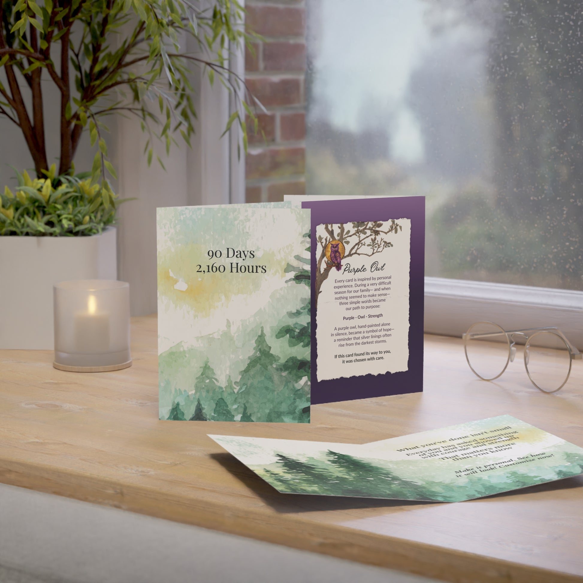 Greeting cards on a wooden surface with a window and plant in the background
