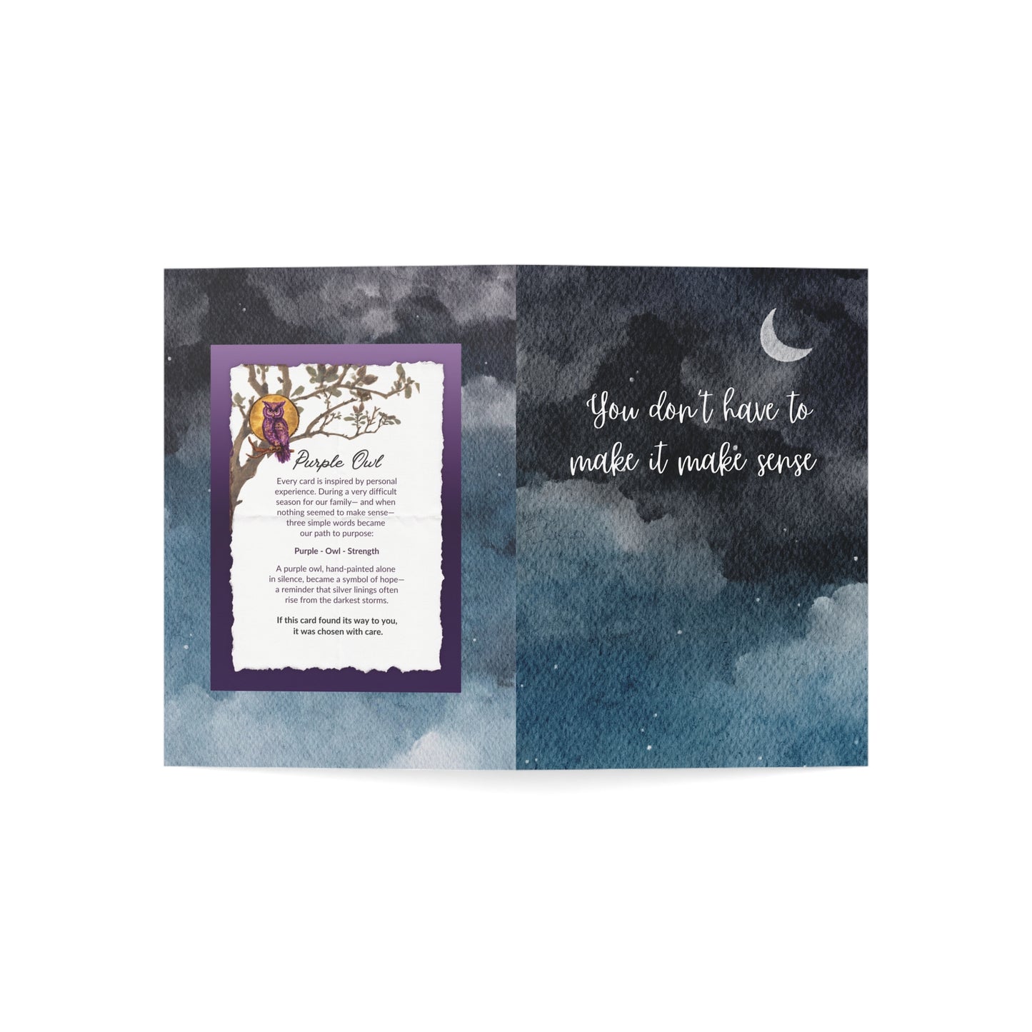 mental health greeting Card with a purple owl illustration and text on a watercolor background