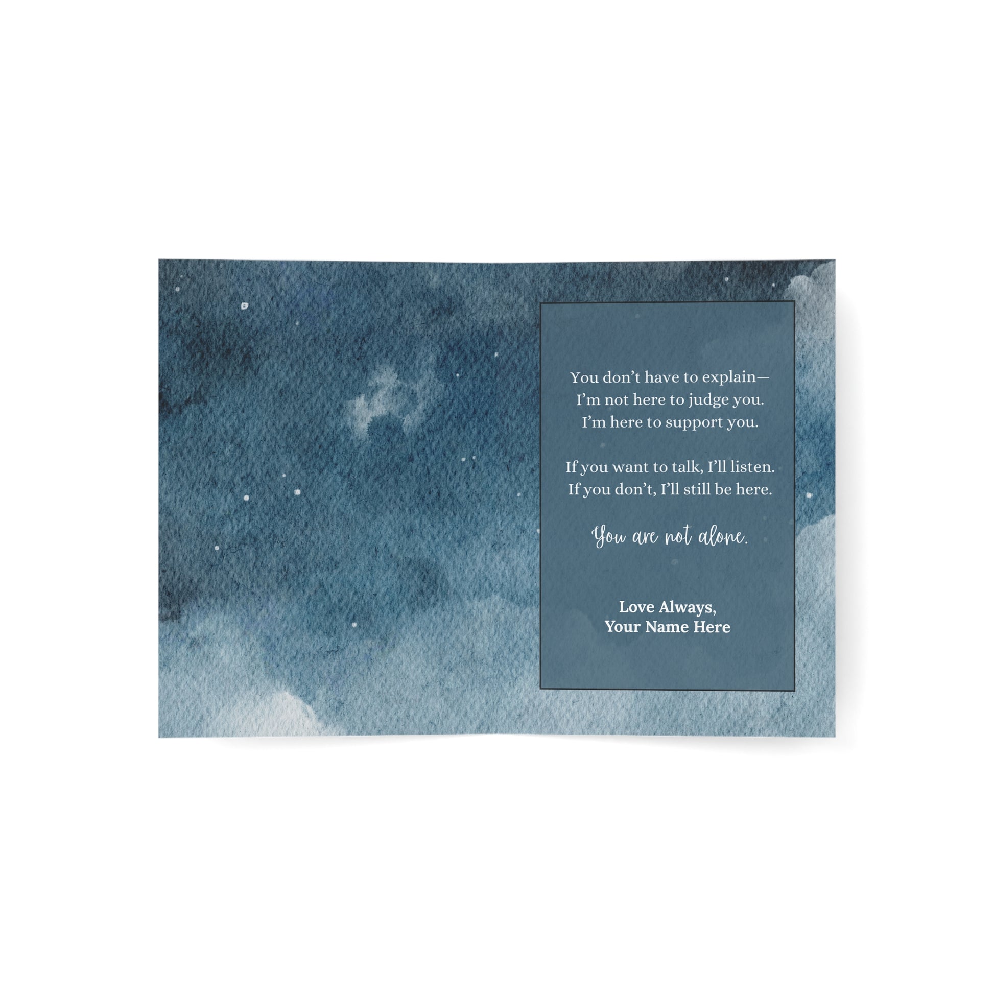 Blue watercolor mental health greeting cards with a mental health support messages on a white background