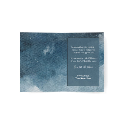 Blue watercolor mental health greeting cards with a mental health support messages on a white background